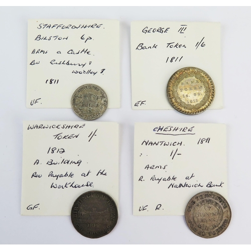 807 - 1811 Cheshire silver shilling token with Warwickshire shilling token, Bilston sixpence token and 181... 