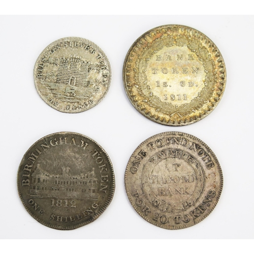 807 - 1811 Cheshire silver shilling token with Warwickshire shilling token, Bilston sixpence token and 181... 