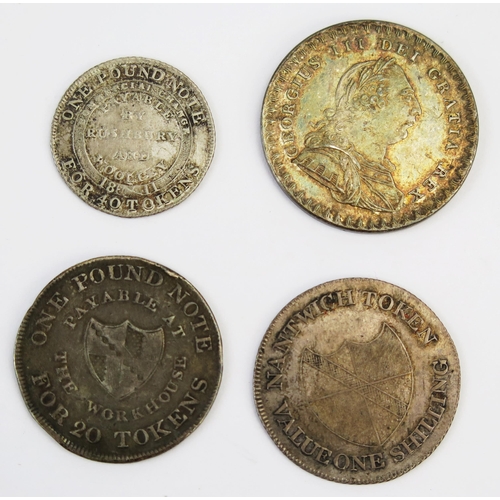 807 - 1811 Cheshire silver shilling token with Warwickshire shilling token, Bilston sixpence token and 181... 