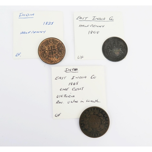 811 - Three x East India coins including 1825 four Pies (high grade), 1808 halfpenny and 1845 one cent.