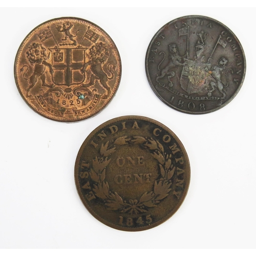 811 - Three x East India coins including 1825 four Pies (high grade), 1808 halfpenny and 1845 one cent.