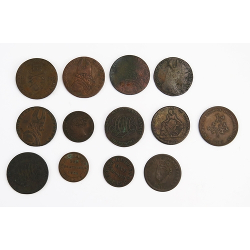 813 - Thirteen x Irish halfpenny and farthing tokens including J. Hilles 1813, 1816 Waterloo halfpenny.