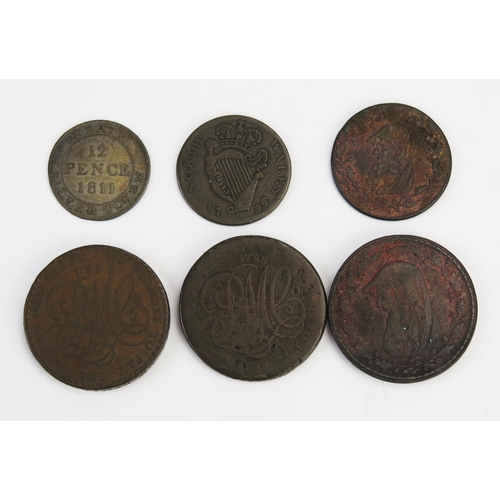 814 - Wales: three x 1788 pennies, 1794 halfpenny, 1796 Colonel Kirk halfpenny and Neath silver shilling.