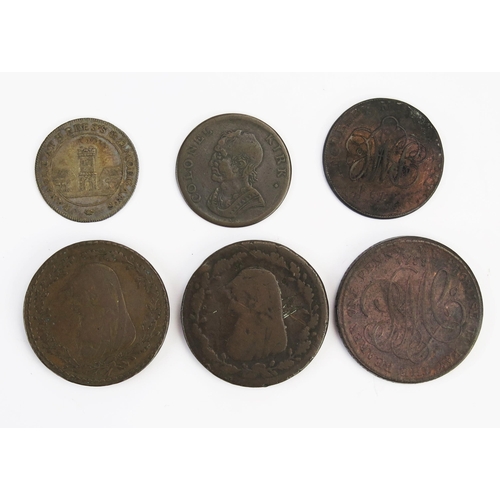 814 - Wales: three x 1788 pennies, 1794 halfpenny, 1796 Colonel Kirk halfpenny and Neath silver shilling.