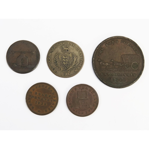 817 - Mihell's 1800 1d Caravan Office No15 penny token with Hertfordshire shilling token and three x farth... 