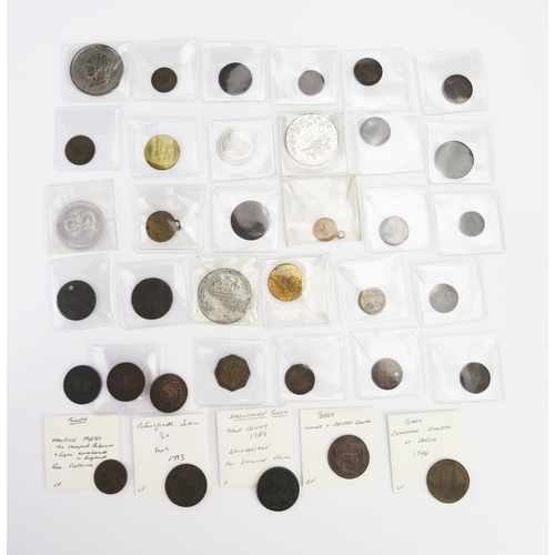 819 - Twelve x farthing tokens with three x model crowns with group of mixed tokens, coin weights, white m... 