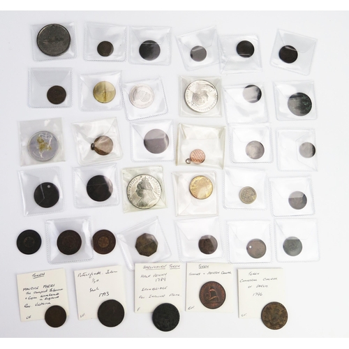 819 - Twelve x farthing tokens with three x model crowns with group of mixed tokens, coin weights, white m... 