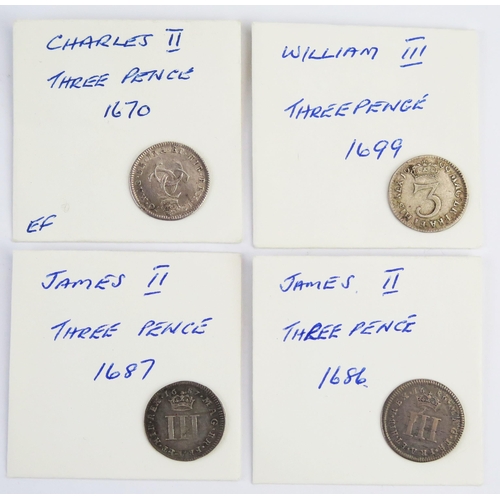 820 - William III 1699 3d, 1687 James II 3d, 1686 James II 3d and 1670 Charles II threepence.