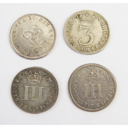 820 - William III 1699 3d, 1687 James II 3d, 1686 James II 3d and 1670 Charles II threepence.