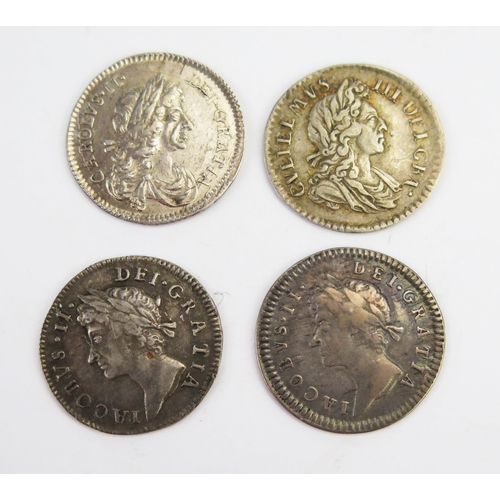 820 - William III 1699 3d, 1687 James II 3d, 1686 James II 3d and 1670 Charles II threepence.