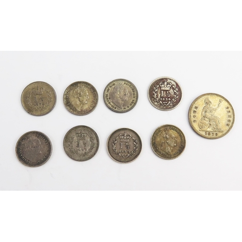 821 - Three halfpence 1834 x three, 1835, 1836 x 2, 1838 and 1839 (some higher grades) with 1836 groat.