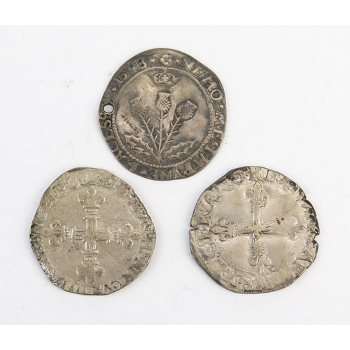 834 - 1598 Scottish silver ten shilling (holed) etc.