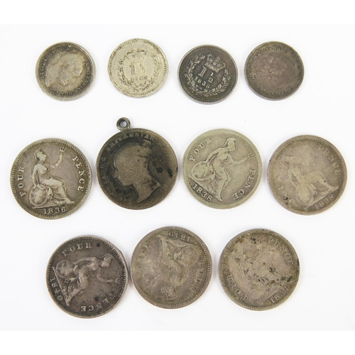 848 - Mixed lot of small silver including 1834 x two, one x 1836 and 1843 three halfpence and grouts.