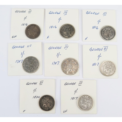 852 - Two x 1787 shillings, three x 1816 shillings and two x 1817 and 1820 shillings.