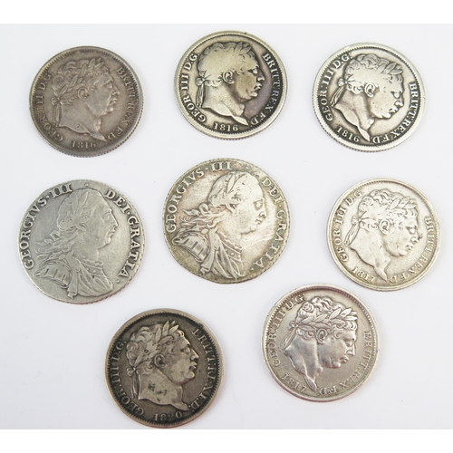 852 - Two x 1787 shillings, three x 1816 shillings and two x 1817 and 1820 shillings.