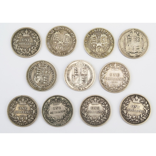 853 - Victorian shillings 1839/1844/1851/1858/1873/1886/two x 1887/1889/1891/1898 shillings.