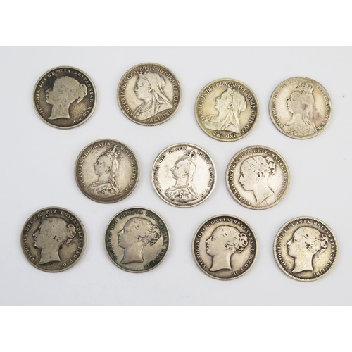 853 - Victorian shillings 1839/1844/1851/1858/1873/1886/two x 1887/1889/1891/1898 shillings.