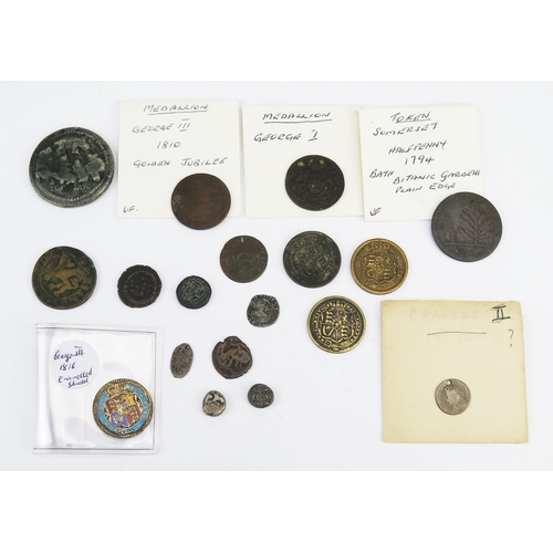 867 - Mixed group of coins including George III shilling forgeries, George I and III medallions etc.