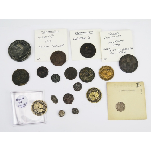 867 - Mixed group of coins including George III shilling forgeries, George I and III medallions etc.