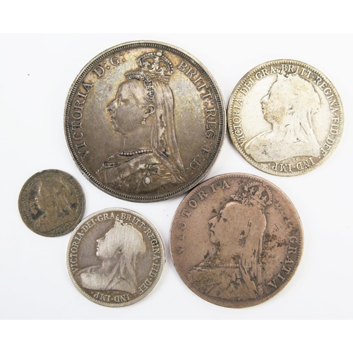 904 - A Victorian Silver Crown 1887, half crown 1892, florin and shilling 1896 and 3d 1895