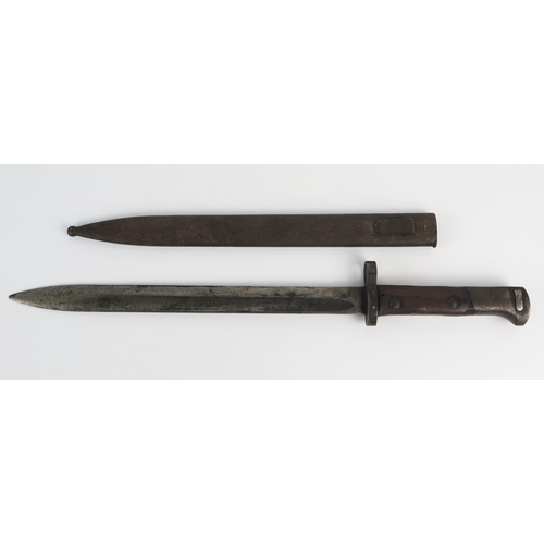 928 - A German World War One bayonet, with 29.5cm fullered blade, wood grips, contained in a steel sheath.