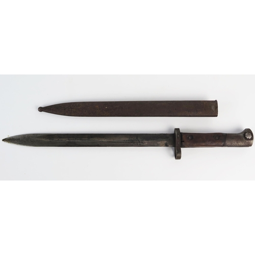 928 - A German World War One bayonet, with 29.5cm fullered blade, wood grips, contained in a steel sheath.