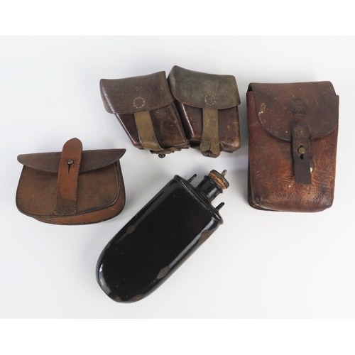 937 - Three assorted leather ammunition pouches, together with a metal water flask.