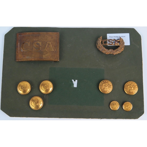 945 - An American Civil War style Confederate brass belt buckle, three brass buttons, and four Union brass... 