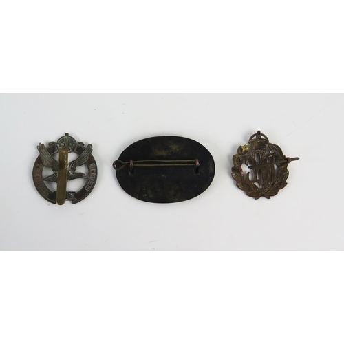 948 - A Royal Flying Corps cap badge, A Glider Pilot Regiment cap badge, a brass glider badge.