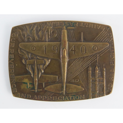 954 - A bronze memorial plaque commemorating the Battle of Britain, 7.5cm wide.