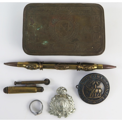 961 - A World War One Princess Mary presentation box, with trench art lighter, pen holder, Sierra Leone Po... 