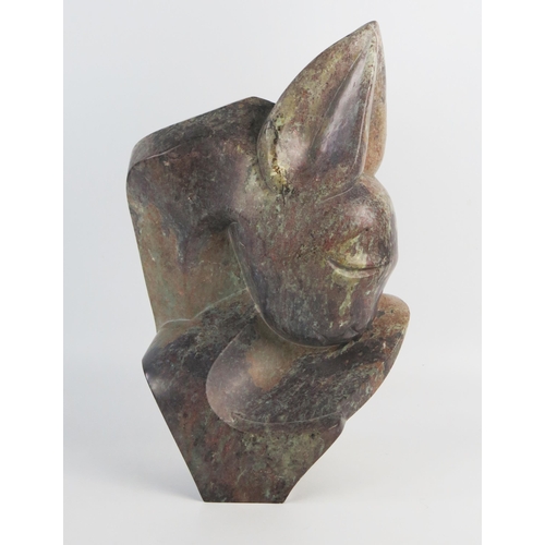 1332 - Brighton Sango (1958-1995), abstract sculpture of a fawn, serpentine stone, 38cm.