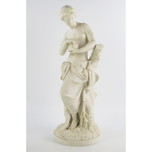 1356 - After A Carrier-Belleuse, a Minton Parian figure of Pandora, leaning on a tree stump and about to op... 