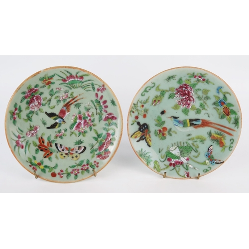 1372 - A pair of Cantonese export porcelain plates, decorated in enamels with birds, flowers and butterflie... 