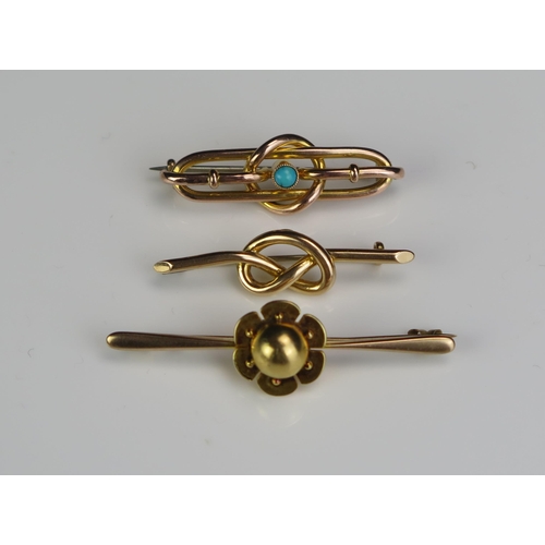 116 - A 9ct Gold and Turquoise Set Brooch (41.5mm, 2.8g) a 15ct gold knot brooch (43mm, 2.5g) and unmarked... 