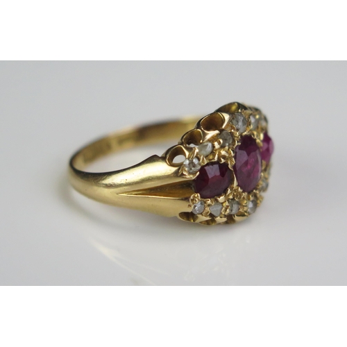 120 - An 18ct Gold, Spinel? and Rose Cut Diamond Ring, central stone c. 5.2x4.2mm, hallmarked, but resized... 