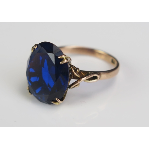 122 - A Chinese 14K Gold and Blue Topaz? Ring, 16x13mm stone, size, O.5, 4.6g