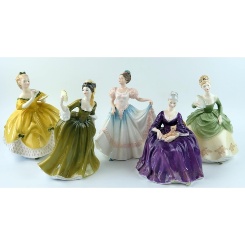 1303 - Five Royal Doulton figurines, includes, HN 2312 Soiree, HN3645 Lindsay, HN 2315 The Last Waltz, HN23... 