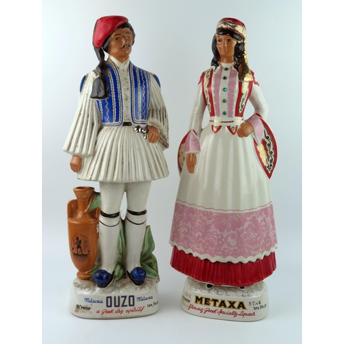 1311 - A pair of  Cornetti pottery advertising figures for 'Ouzo' and 'Metaxa' dressed in male and female t... 