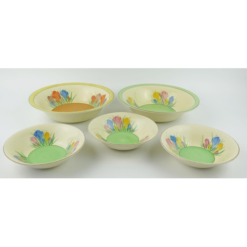 1320 - Two Clarice Cliff Crocus pattern junket bowls, and three smaller cereal bowls, (5)