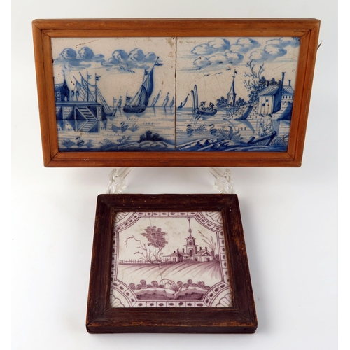 1341 - A pair of Dutch Delft blue and white tiles depicting a harbour scene, contained in a wood frame, 13 ... 