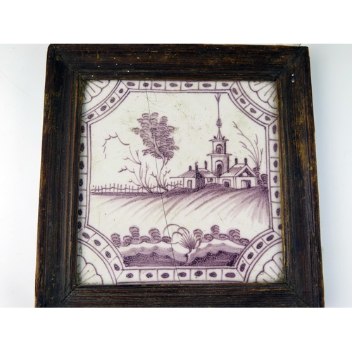 1341 - A pair of Dutch Delft blue and white tiles depicting a harbour scene, contained in a wood frame, 13 ... 