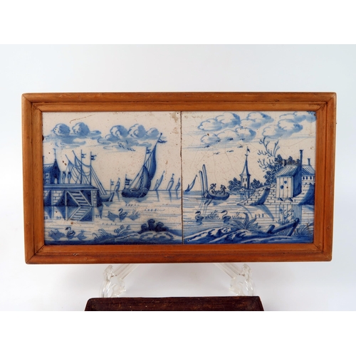 1341 - A pair of Dutch Delft blue and white tiles depicting a harbour scene, contained in a wood frame, 13 ... 