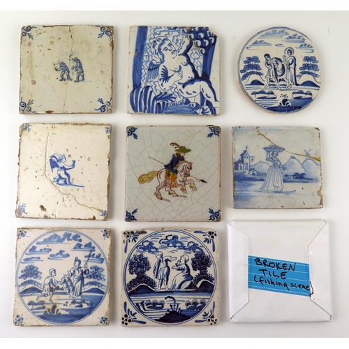 1344 - Ten various Dutch Delft tiles depicting assorted figures including mounted cavalier, cherubs and men... 