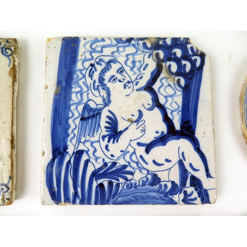 1344 - Ten various Dutch Delft tiles depicting assorted figures including mounted cavalier, cherubs and men... 