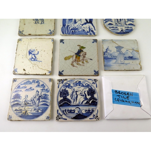 1344 - Ten various Dutch Delft tiles depicting assorted figures including mounted cavalier, cherubs and men... 