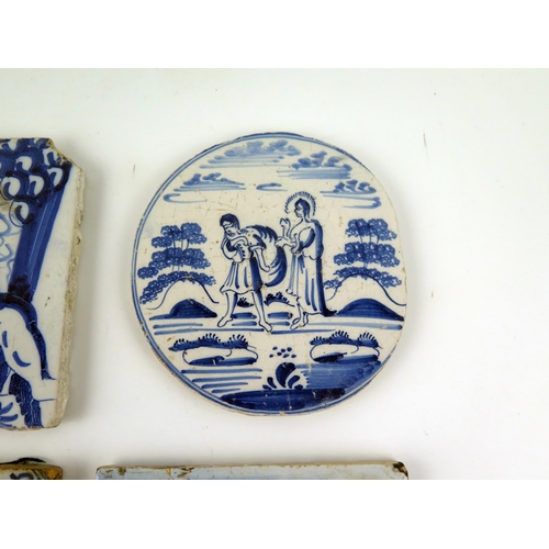 1344 - Ten various Dutch Delft tiles depicting assorted figures including mounted cavalier, cherubs and men... 