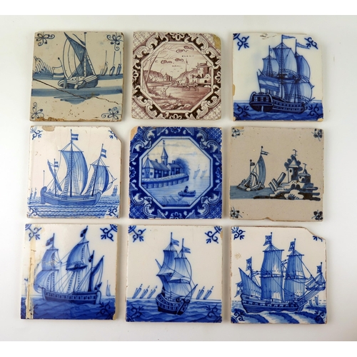 1345 - Ten assorted blue and white, manganese Dutch Delft and other tiles depicting sailing ships or harbou... 