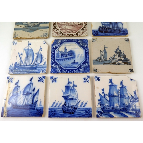 1345 - Ten assorted blue and white, manganese Dutch Delft and other tiles depicting sailing ships or harbou... 