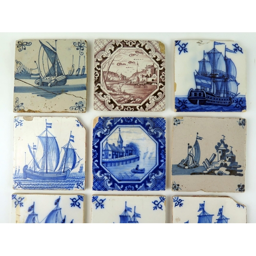 1345 - Ten assorted blue and white, manganese Dutch Delft and other tiles depicting sailing ships or harbou... 